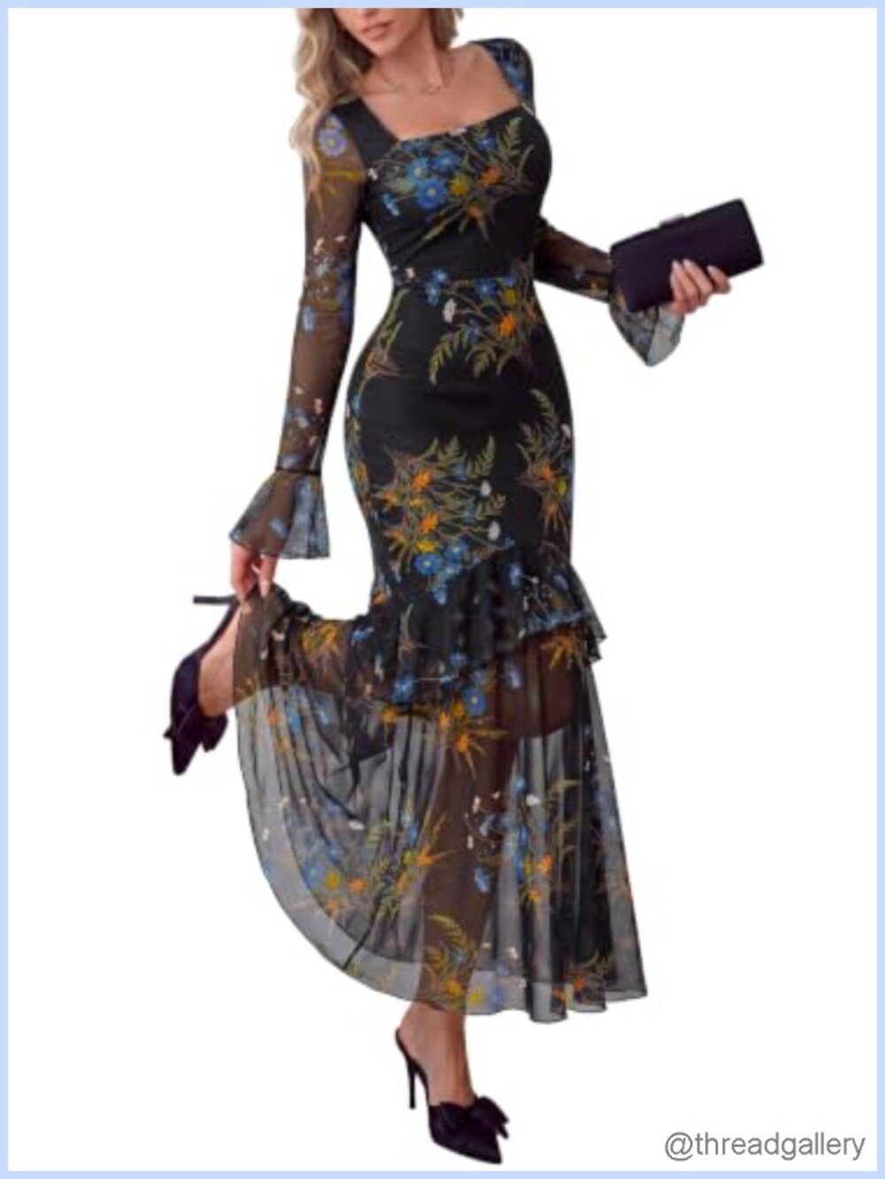 PRETTYGARDEN Women's Floral Mesh Long Sleeve Square Neck Maxi Dress